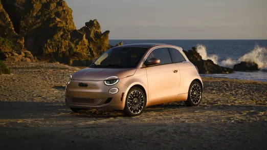 Fiat 500e Inspired by Beauty front three quarter at sunset