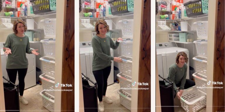 mom showing laundry baskets laundry organization tips