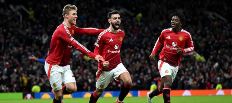 bruno fernandes rasmus hojlund kobbie mainoo manchester united v rangers fc uefa europa league 2024
