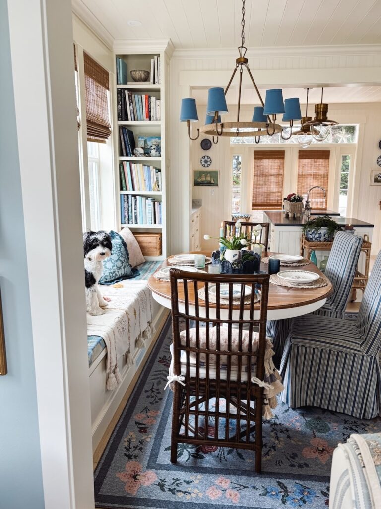 cozy cottage dining built in banquette bookshelves the inspired room